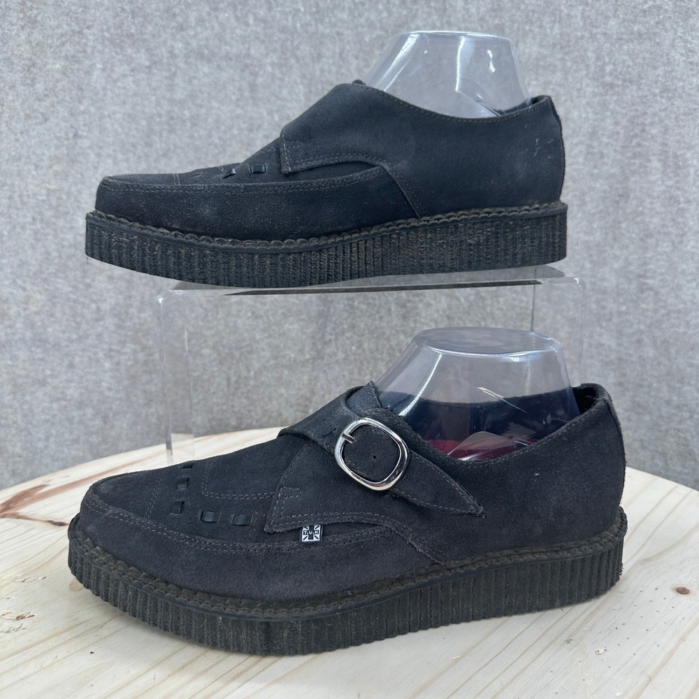T.U.K. Creeper Shoes Women 10 Black Mens 8 Suede Monk Strap Pointed Toe Platform